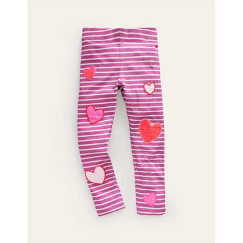 Boden Applique Leggings - Strawberry Pink/Ivory Hearts