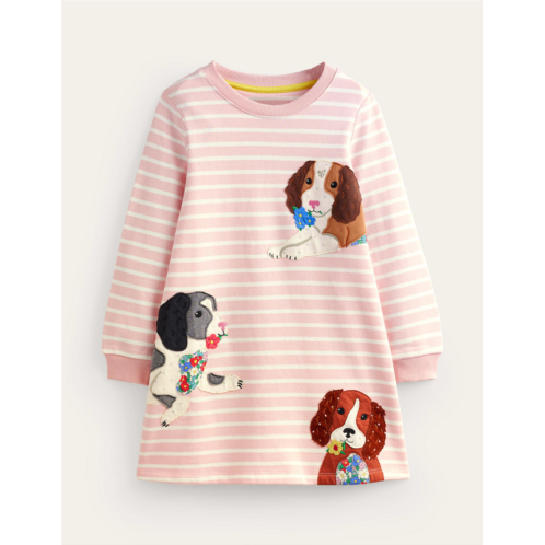 Boden Cosy Applique Sweatshirt Dress - Ballet Pink/Ivory Dogs