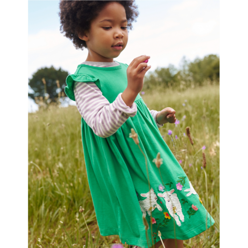 Boden Frill Sleeve Applique Dress - Pea Green Sheep