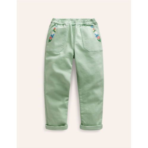 Boden Pull-on Trouser - Aloe Green Embroidery