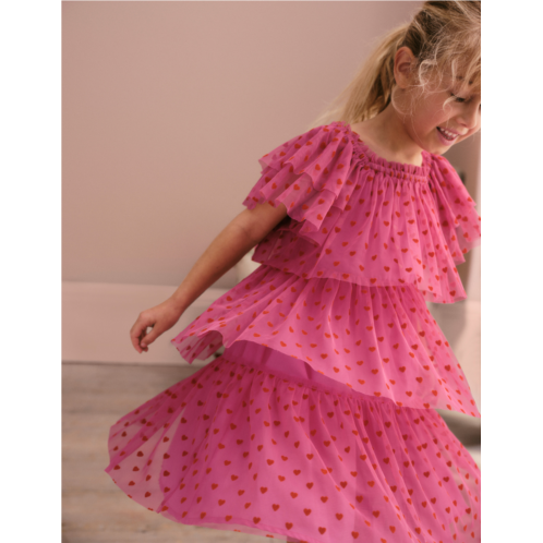 Boden Tiered Tulle Dress - Strawberry Pink Hearts
