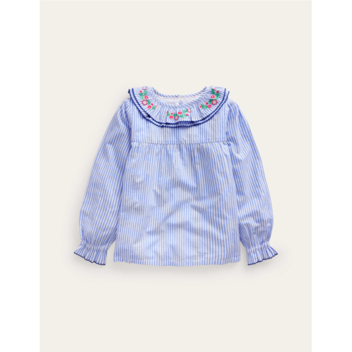 Boden Embroidered Collar Top - Surf Blue / Ivory Stripe
