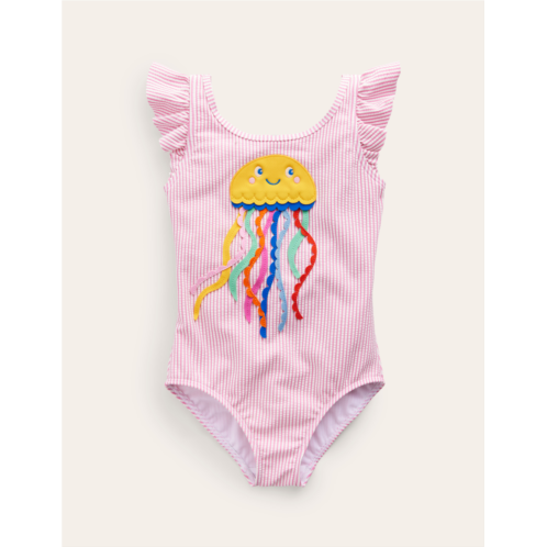 Boden Logo Flutter Sleeve Swimsuit - Pink Ticking Jellyfish