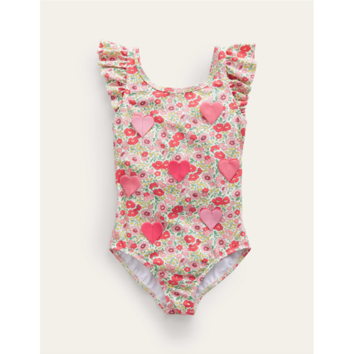 Boden Logo Flutter Sleeve Swimsuit - Flowerbed Hearts