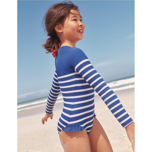 Boden Long Sleeve Frilly Swimsuit - Sapphire Blue, Ivory Stripe