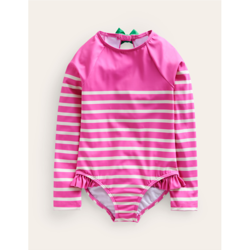 Boden Long Sleeve Frilly Swimsuit - Pink, Ivory Stripe