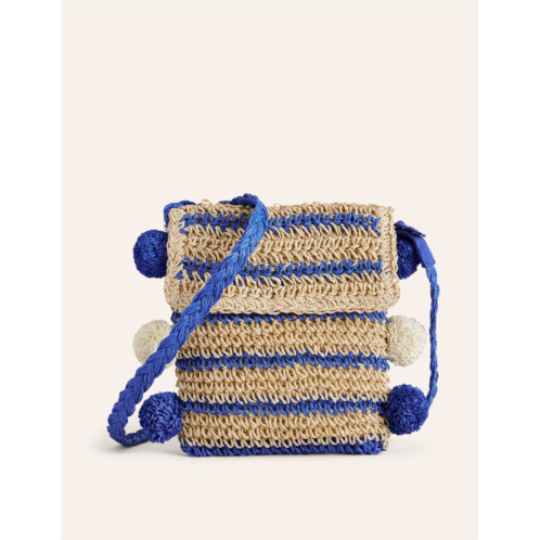 Boden Cross-Body Straw Bag - Blue Stripe Poms