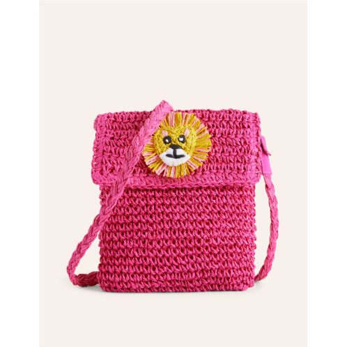 Boden Cross-Body Straw Bag - Pink Lion Applique