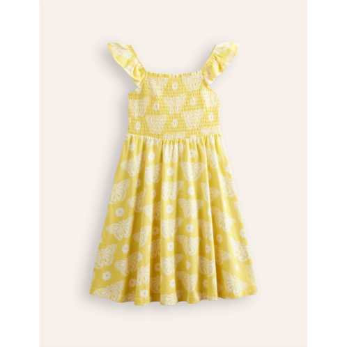 Boden Shirred Jersey Dress - Yellow Butterfly Stamp