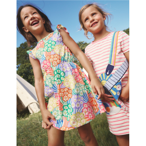 Boden Frill Sleeve Jersey Dress - Multi Rainbow Daisies
