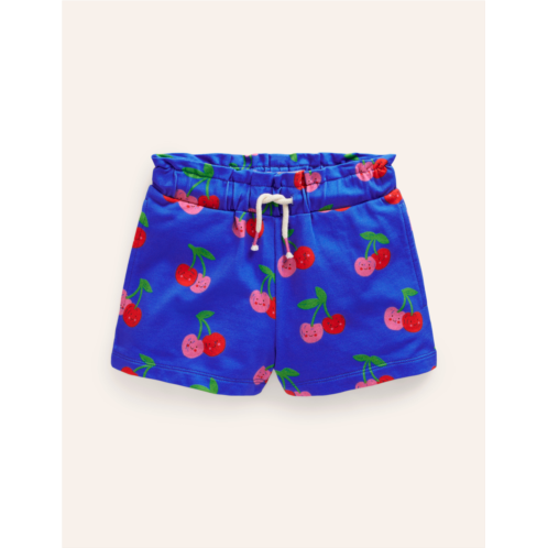 Boden Ruffle Waist Sweat Shorts - Cabana Blue Cherries