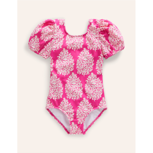 Boden Printed Puff-sleeved Swimsuit - Pink Small Flower Stamp