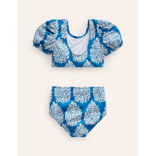 Boden Puff Sleeve Bikini - Cabana Blue Small Flower Stamp