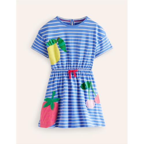 Boden Tie Waist Applique Dress - Surf Blue/Ivory Fruit