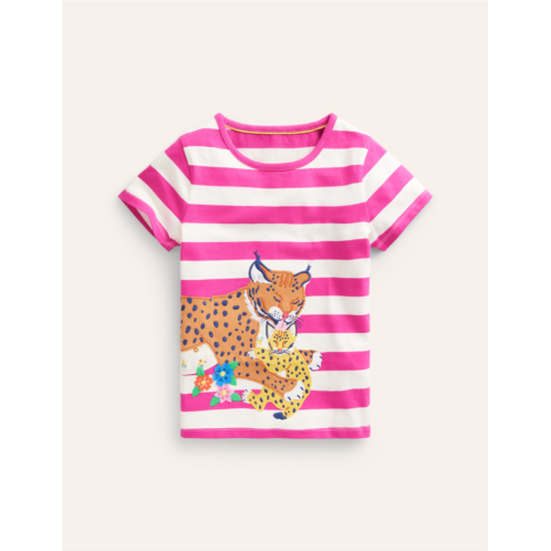 Boden Short Sleeve Applique T-shirt - Pink/Ivory Lynx