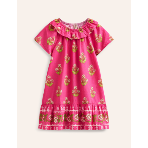 Boden Frill Neck Woven Dress - Pink Small Woodblock