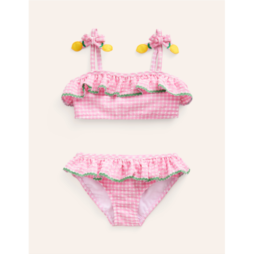 Boden Seersucker Frilly Bikini - Pink Gingham Lemons
