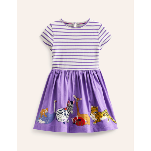 Boden Woven Mix Applique Dress - Lilac Purple/ Vanilla Animals