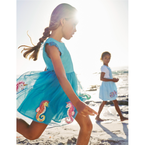 Boden Jersey Tulle Applique Dress - Aqua Sea Blue Seahorses