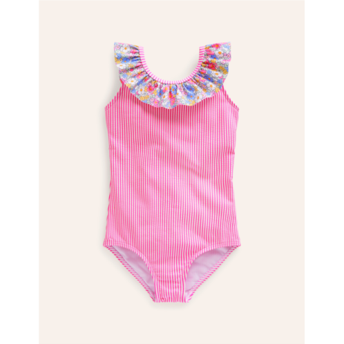 Boden Frill Neck Swimsuit - Festival Pink Ticking Stripe