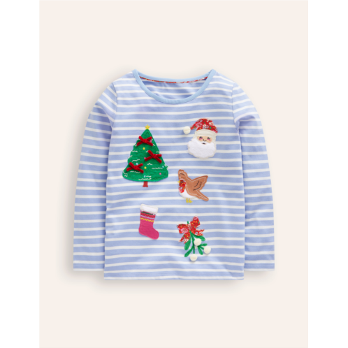 Boden Applique Long Sleeve Top - Ivory/ Vintage Blue Festive