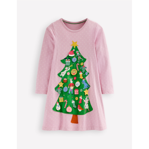 Boden Advent Calendar Applique Dress - Vintage Pink Christmas Tree