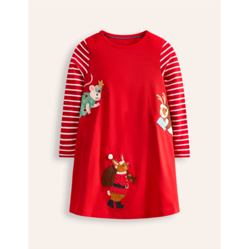 Boden Elsie Big Applique Dress - Poppy Red Peeping Friends