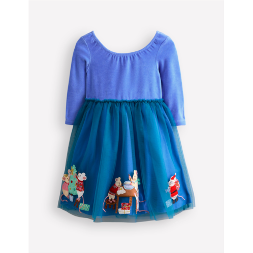 Boden Velvet Tulle Applique Dress - Bluejay Festive Mice