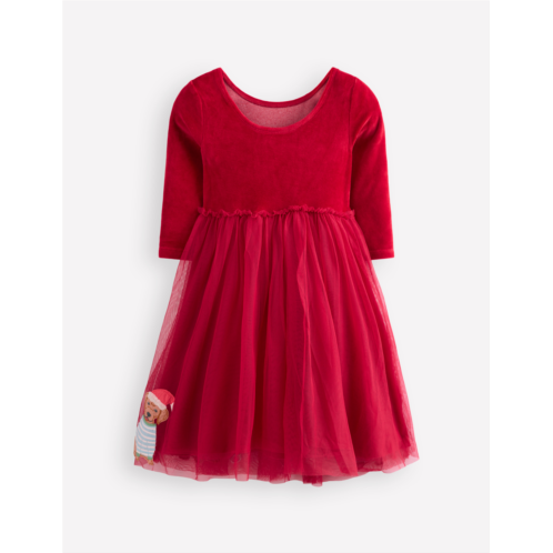 Boden Velvet Tulle Applique Dress - Carmine Red Festive Dogs