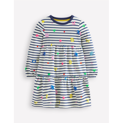 Boden Tiered Sweatshirt Dress - Navy/ Ivory Stripe