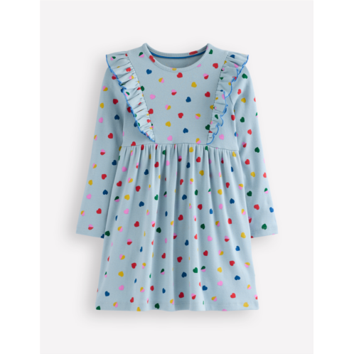 Boden Ruffle Rib Jersey Dress - Vintage Blue Confetti Heart