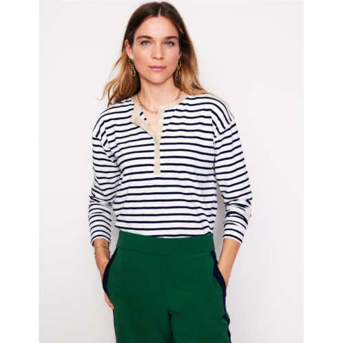 Boden Metallic Trim Henley Top - Ivory, Navy Stripe