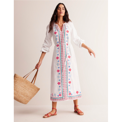 Boden Embroidered Belted Linen Dress - White, Multi