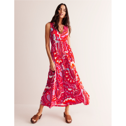 Boden Sylvia Jersey Maxi Tier Dress - Flame Scarlet, Foliage Paisley