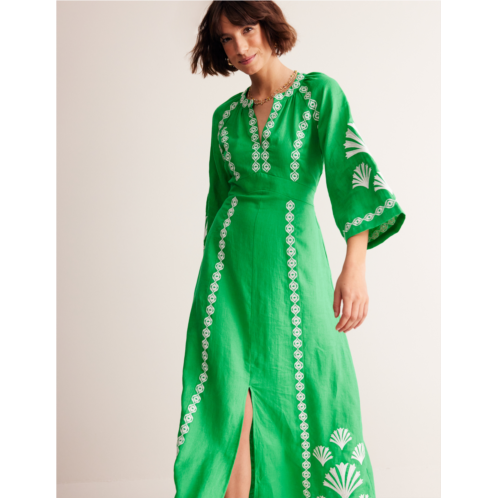 Boden Una Linen Embroidered Dress - Bright Green