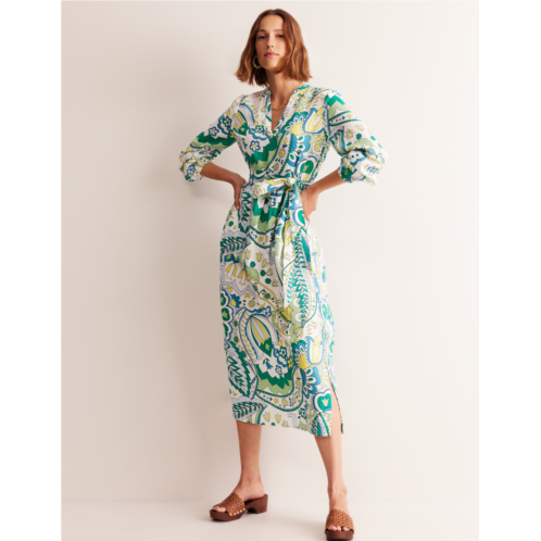 Boden Linen Maxi Notch Neck Dress - Emerald, Foliage Paisley