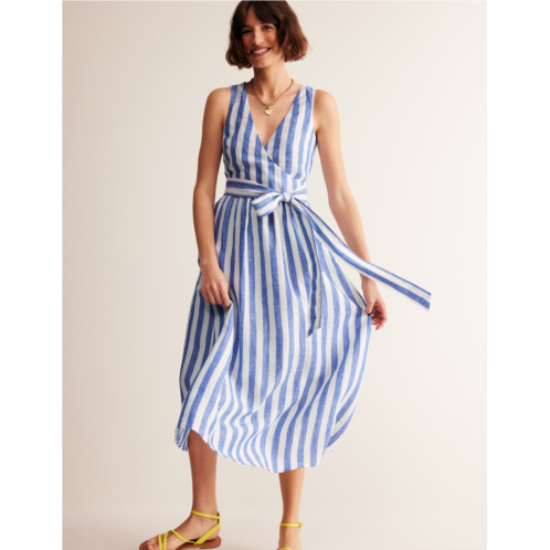 Boden Linen Wrap Midi Dress - Surf The Web and Ivory