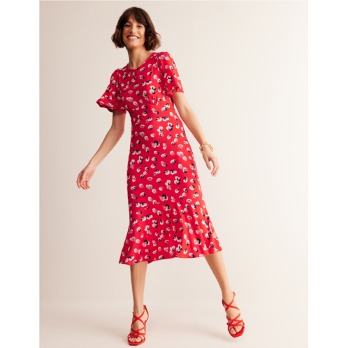 Boden Felicity Jersey Midi Tea Dress - Flame Scarlet, Botanical Petal