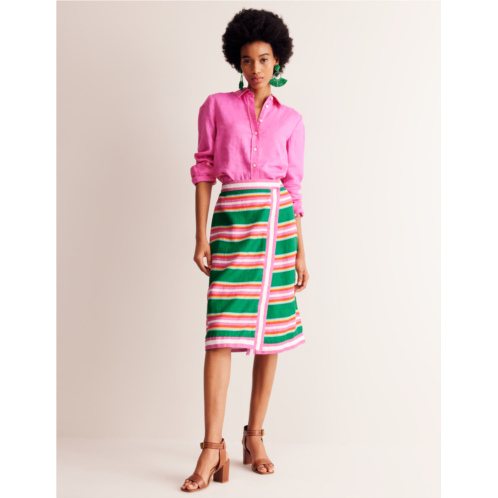 Boden Linen Border Wrap Skirt - Green and Pink Stripe