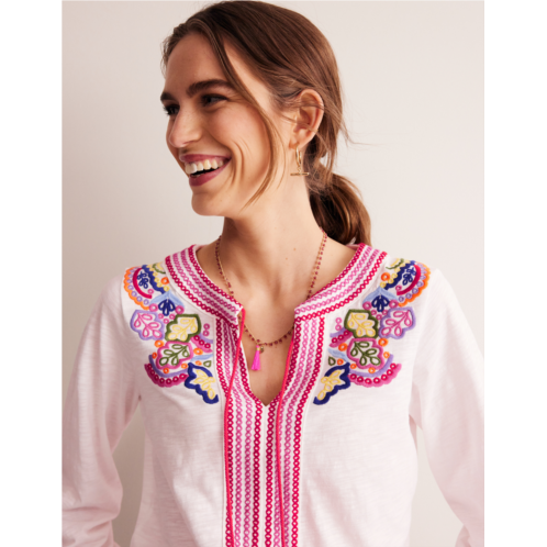 Boden Diana Embroidered Tie Neck Top - White Embroidery
