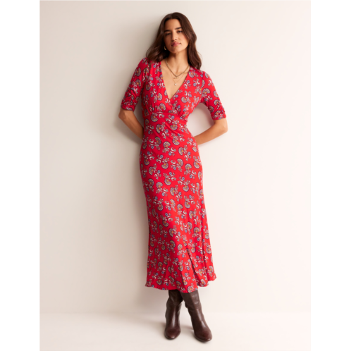 Boden Rebecca Jersey Midi Tea Dress - Flame Scarlet, Botanical Bunch