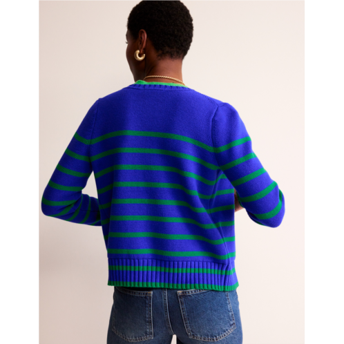 Boden Cotton Breton Cardigan - Bright Blue, Green Stripe