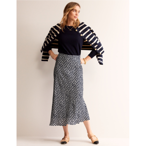 Boden Bias-cut Printed Midi Skirt - French Navy, Abstract Heart