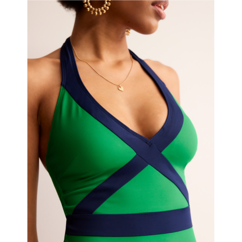 Boden Kefalonia Halterneck Swimsuit - Bright Green/ Navy Colourblock
