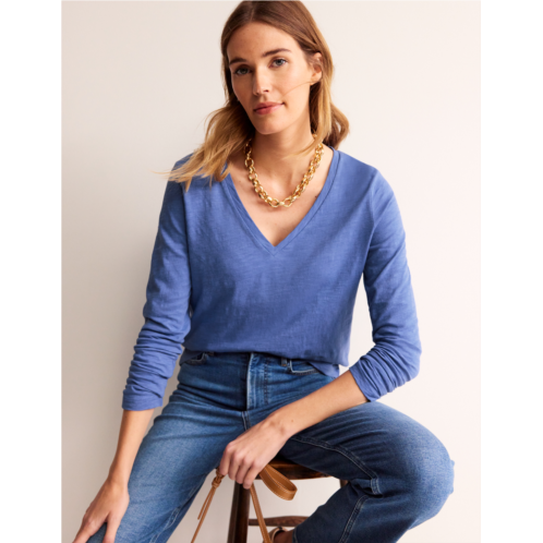 Boden Cotton V-Neck Long Sleeve Top - Ebb and Flow Blue