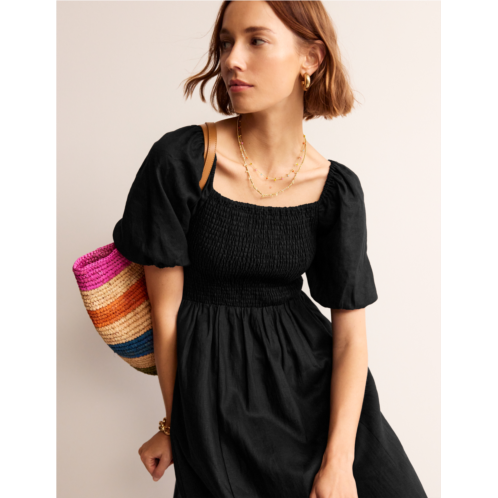 Boden Sky Smocked Linen Midi Dress - Black