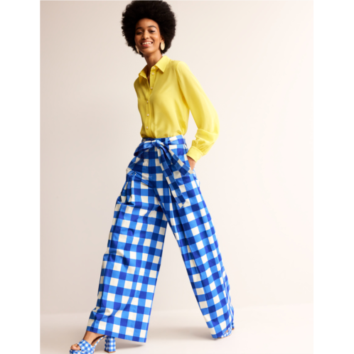Boden Palazzo Cotton Sateen Pants - Nautical Blue & Ivory Gingham
