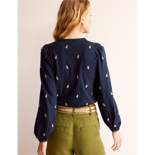 Boden Marina Embroidered Shirt - Navy, Pineapple Embroidery