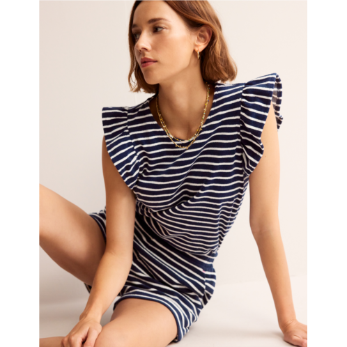 Boden Towelling Frilled T-Shirt - Ivory, Navy