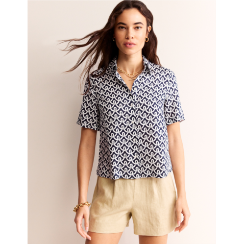 Boden Hazel Short Sleeve Linen Shirt - Navy, Geo Terrace